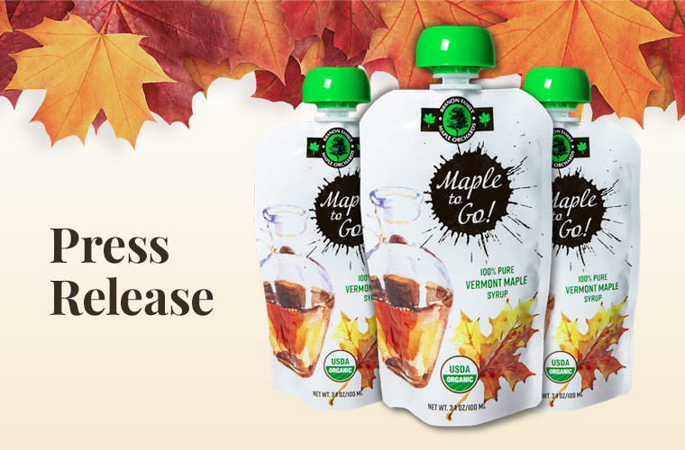 Autumn maple tree leaves with overlaying black serif type and Branon Maple To Go pouches