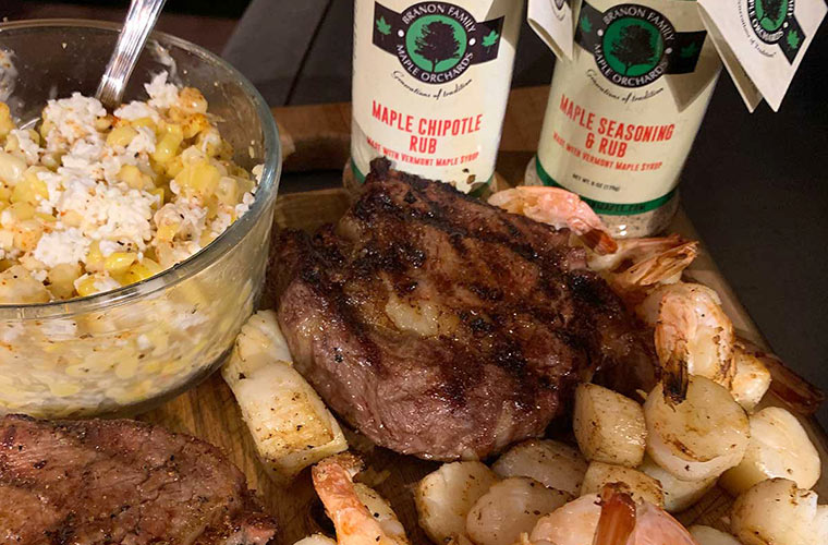 Photo of chipotle maple seasoned steak, shrimp, and scallops