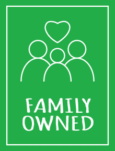 Family Owned Icon showing people and heart illustration with white sans-serif handwriting type below