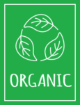 Organic Icon showing 3 leaves in a circle illustration with white sans-serif handwriting type below