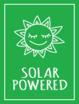 Solar Powered Icon showing smiling sun illustration with white sans-serif handwriting type below