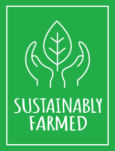 Sustainably Farmed Icon showing hands holding a leaf illustration with white sans-serif handwriting type below