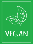 Vegan Icon showing 2 leaves illustration with white sans-serif handwriting type below