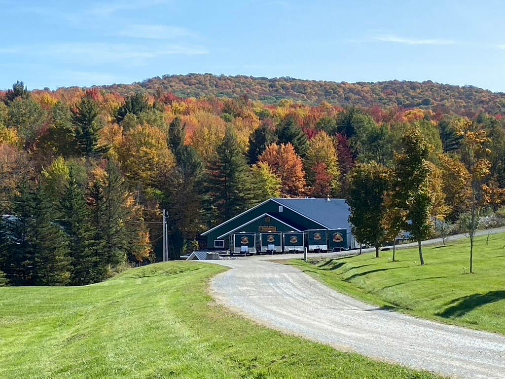 A beautiful autumnal photo of the Branon Family sugarhouse sounded by colorful maple trees