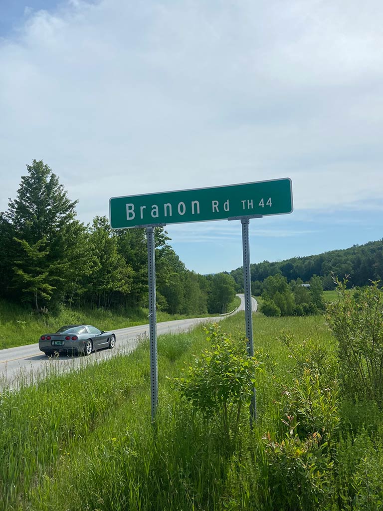 A road sign off Vt. 36 in Fairfield that identifies "Branon Road"