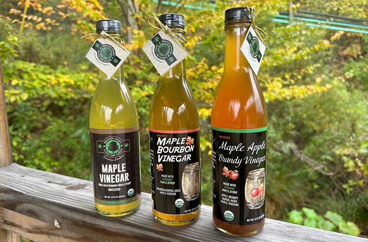 Photo of Branon maple vinegars, including limited edition Organic Maple Apple Brandy Vinegar